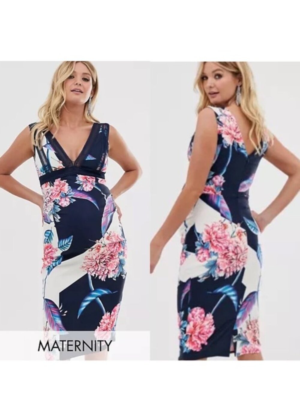 Little Mistress | Blue and Cream Floral Maternity Dress | Size 8